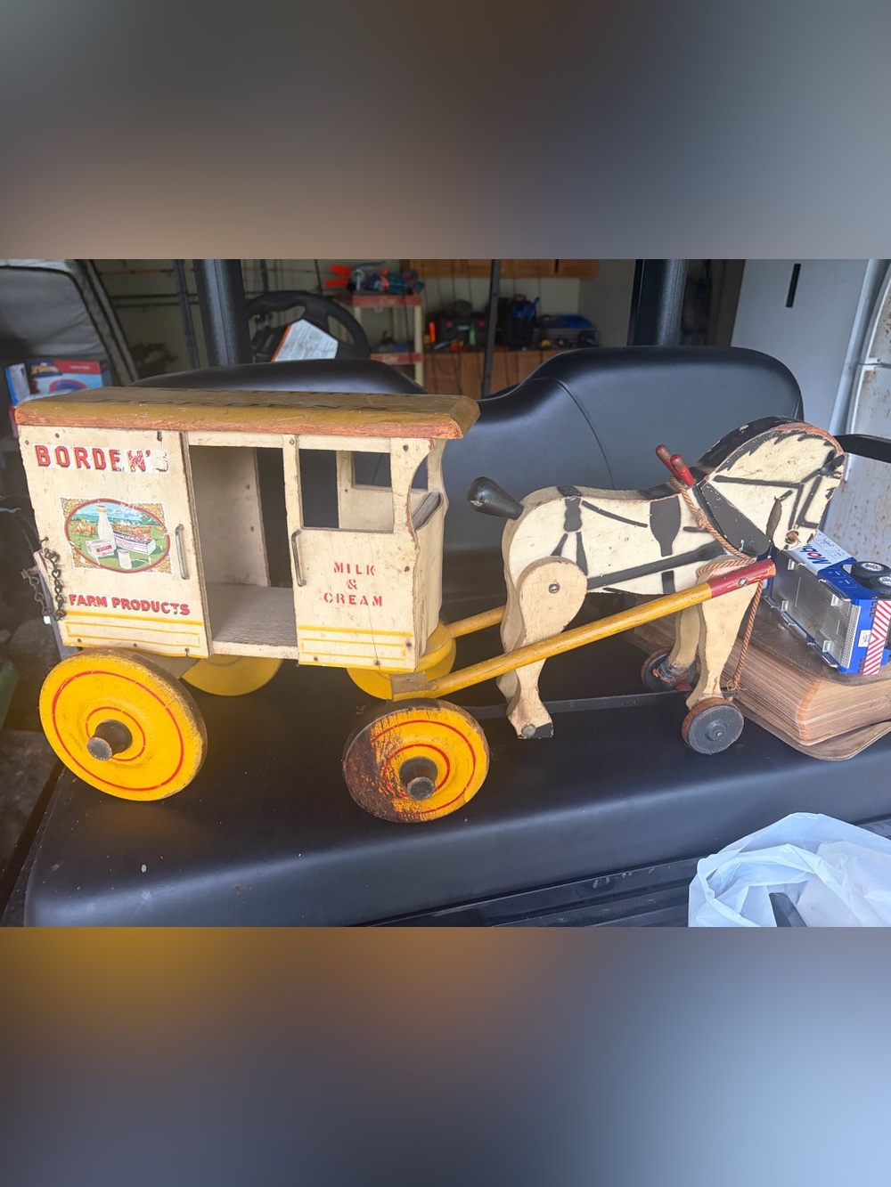 1930’s Vintage Wooden Pull Wagon Toy - Milk & Cream in Yellow and Cream